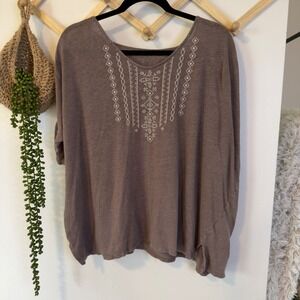 Garnet Hill Top 100% Organic Linen XL Brown Embroidered Short Sleeve Boho
